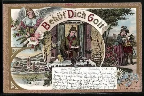 Lithographie Säckingen, Trompeter von Säckingen mit Geliebter, Ortsansicht, Engel, Neujahrsgruss, Behüt Dich Gott!