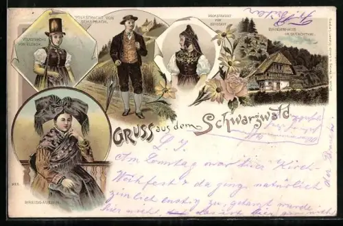 Lithographie Gutachtal /Schwarzwald, Volkstrachten, Bauernhaus