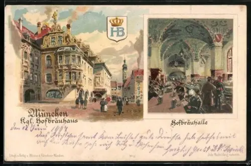Lithographie Münchner Hofbräuhaus, Aussenansicht und Hofbräuhalle