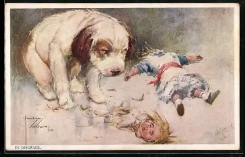 Künstler-AK Lawson Wood: Hund mit einer zerbissenen Puppe