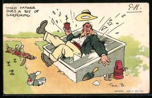 Künstler-AK Tom Browne: When Father does a bit of gardening, Scherz