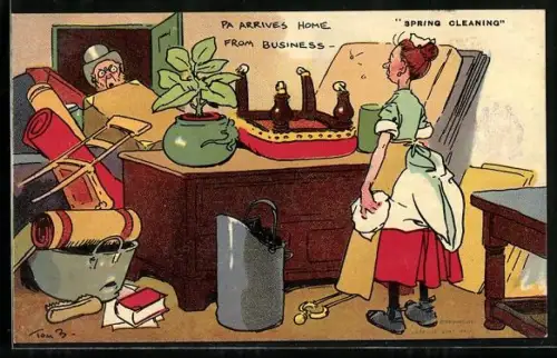 Künstler-AK Tom Browne: Frau beim Frühjahrsputz, Mann schafft es nicht zur Tür hinein