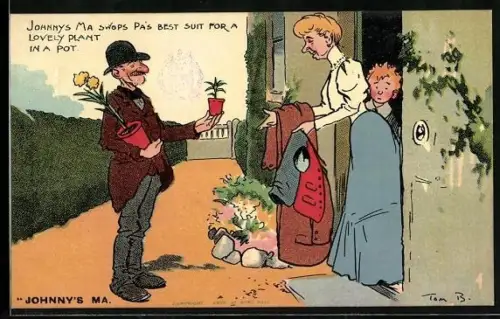Künstler-AK Tom Browne: Johnnys Ma Swops Pas Best Suit For A Lovely Plant in A Pot