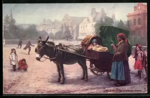 AK London, A Street Piano, Eselgespann