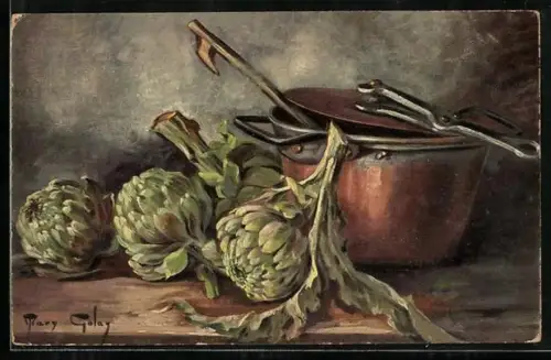Künstler-AK Mary Golay: Stillleben, Gemüse neben einem Kupfertopf