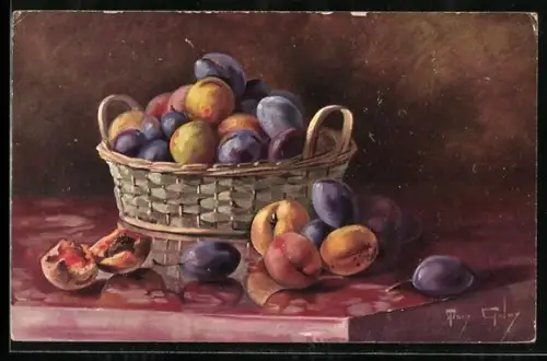 Künstler-AK Mary Golay: Stilleben mit Aprikosen und Pflaumen