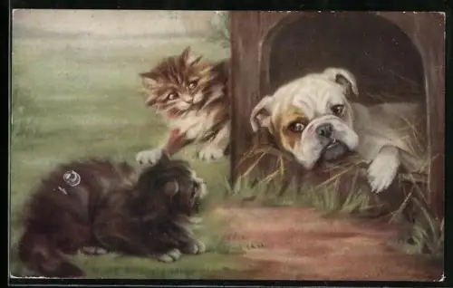 Künstler-AK Bulldogge in Hundehütte mit Katzenbesuch