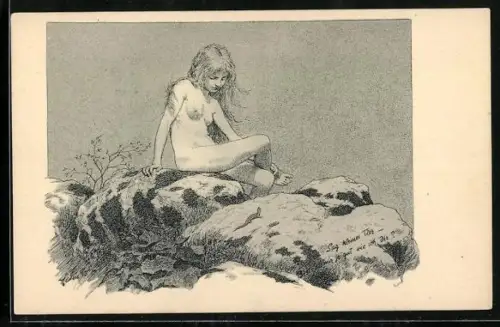Künstler-AK Fidus: Mädchen auf einem Felsen