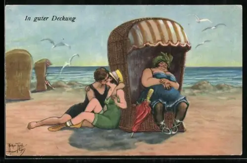 Künstler-AK Arthur Thiele: In guter Deckung, Humor, Verliebte und schlafende Frau in Strandkorb