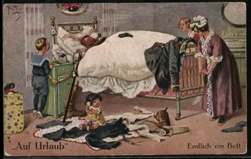 Künstler-AK A. Thiele: Auf Urlaub, Endlich im Bett, alter Soldat schläft Pfeife rauchend im Bett bei seiner Familie
