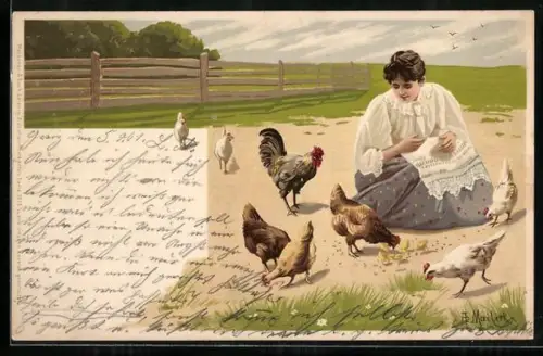 Künstler-AK Alfred Mailick: Frau füttert die Hühner mit ihren Küken