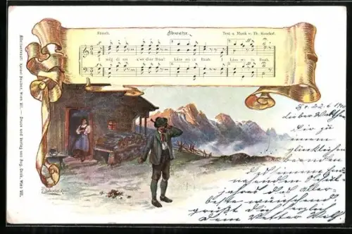 Künstler-AK E. Döcker: Lied Abwehr, umwerbender Bauer wird von einem Fräulein abgewiesen