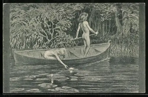 Künstler-AK Fidus: Wasserrosen, Kinder in Ruderboot