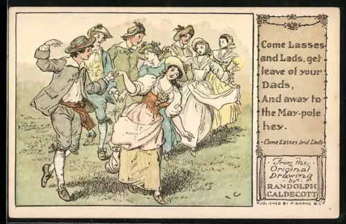 Künstler-AK sign. Randolph Caldecott: Junge Paare tanzen auf einer Wiese