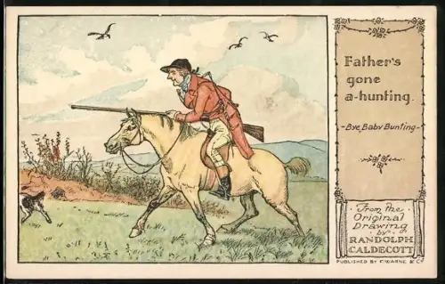 Künstler-AK sign.: R. Caldecott, Jäger mit Jagdgewehr auf einem Pferd