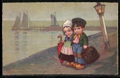 Künstler-AK E. Colombo: niedliches Kinderpaar in holländischer Tracht bei einem romantischen Abendspaziergang