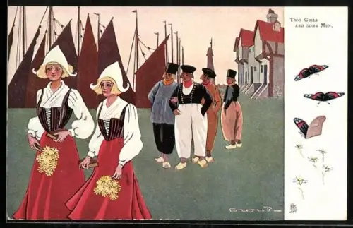 AK Niederländische Mädchen und Männer am Hafen