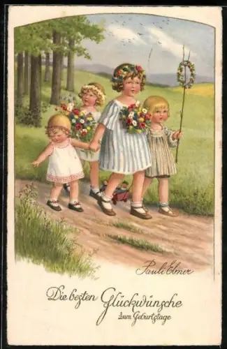 Künstler-AK Pauli Ebner: Kinder mit Blumen auf einem Feldweg, Geburtstagsgruss