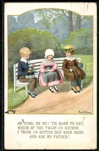 Künstler-AK Pauli Ebner: Rosenkavalier mit Mädchen auf der Parkbank