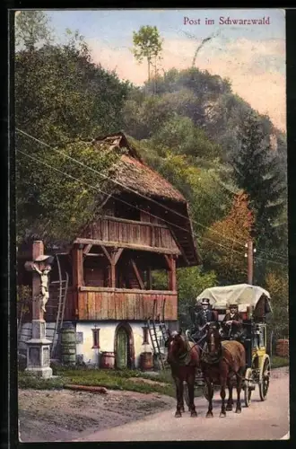 AK Post im Schwarzwald, Postkutsche an einem Flurkreuz