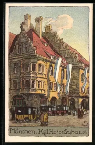 Steindruck-AK Münchner Hofbräuhaus, Vorderansicht mit Flaggen und Passanten
