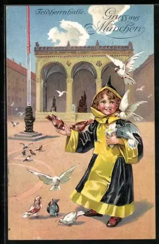 Künstler-AK München, Feldherrnhalle und Münchner Kindl mit Tauben