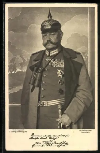 AK Portrait Paul von Hindenburg in ordenbehangener Uniform mit Pickelhaube