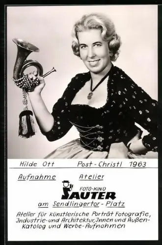 AK Post-Christl Hilde Ott mit dem Posthorn, Foto-Kino Sauter