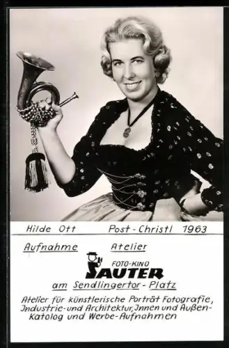 AK Post-Christl Hilde Ott mit dem Posthorn, Foto-Kino Sauter