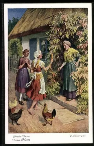 Künstler-AK Otto Kubel: Goldene Jungfrau kommt bei der Mutter und der Schwester wohlbehalten an, Hühner, Frau Holle