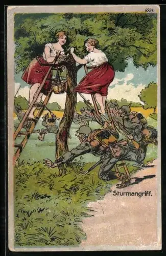 Künstler-AK Bruno Bürger & Ottillie Nr. 692: Soldaten beim Sturmangriff mit Ernte-Damen