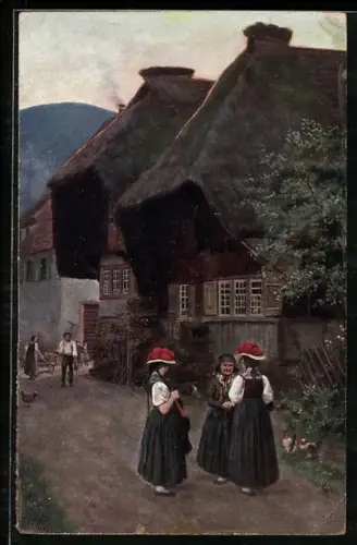 Künstler-AK H. Hoffmann: Frauen in traditioneller Tracht stehen in Dorfstrasse