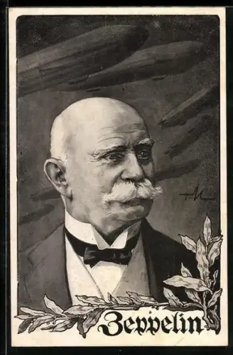 Künstler-AK Portrait von Graf Zeppelin im Anzug mit Fliege