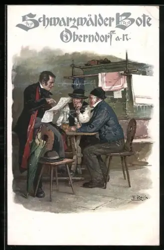 Künstler-AK Fritz Reiss: Oberndorf a. N., Schwarzwälder Bote, Drei Herren sitzen rauchend an einem Tisch