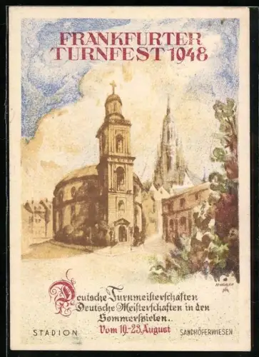 Künstler-AK Frankfurt a/M, Turnfest 1948, Kirchen