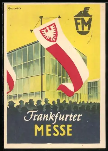 Künstler-AK Frankfurt, Frankfurter Messe, Messehalle mit Fahne