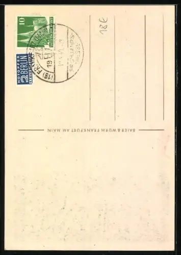 Künstler-AK Frankfurt, Frankfurter Messe, Messehalle mit Fahne