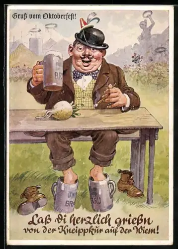 AK Gruss vom Oktoberfest - Bayer mit Bier, Zigarre und den Füssen in Bierkrügen am Tisch sitzend