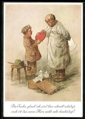 Künstler-AK Heinz Geilfus: Arzt horcht mit dem Stethoskop an einem Herz