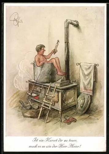 Künstler-AK Heinz Geilfus: Mann nimmt ein heisses Bad in einem Topf auf einem Ofen