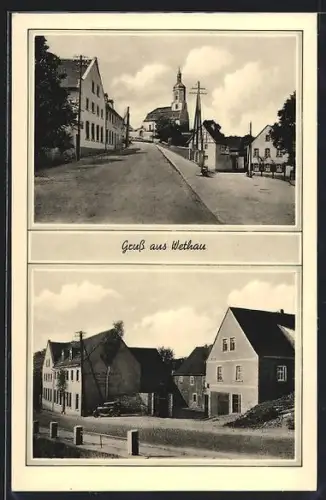 AK Wethau, Strassenpartie bei der Kirche, Partie mit dem Gasthof zum deutschen Haus