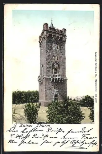 Goldfenster-AK Bielefeld, Dreikaiserturm mit leuchtenden Fenstern