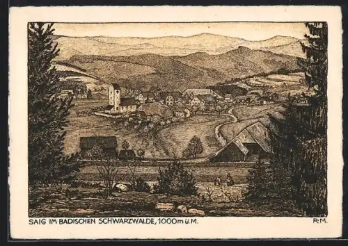 Künstler-AK Saig im Badischen Schwarzwald, Teilansicht mit Kirche