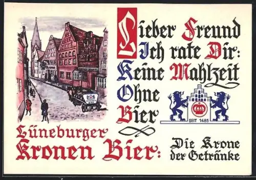 AK Lüneburg, Strassenansicht, Werbung Lüneburger Kronen Bier