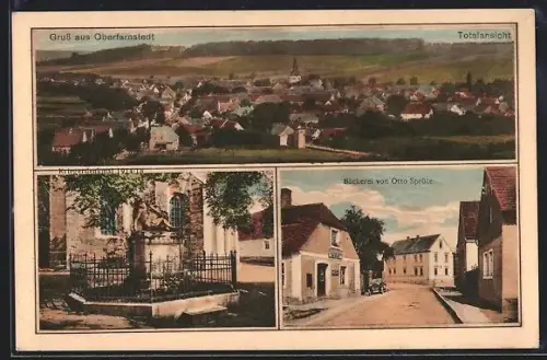 AK Oberfarnstedt, Bäckerei von Otto Spröte, Kriegerdenkmal, Totalansicht