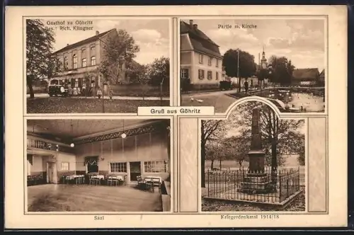 AK Göhritz, Gasthof zu Göhritz, Inneres Saal, Kriegerdenkmal 1914-18