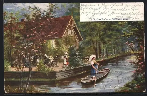Künstler-AK Lehde / Spreewald, Gasthaus zum fröhlichen Hecht und Frau auf Boot