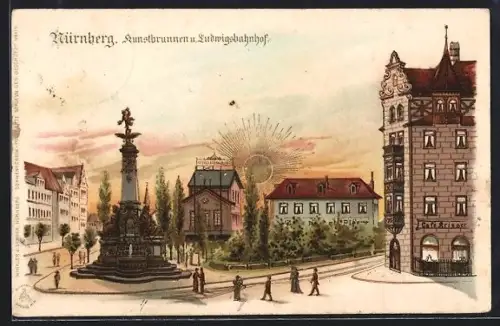 Sonnenschein-AK Nürnberg, Kunstbrunnen und Ludwigsbahnhof im Sonnenschein