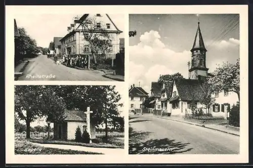 AK Steinmauern, Strassenpartie mit Kirche, Kapelle, Rheinstrasse