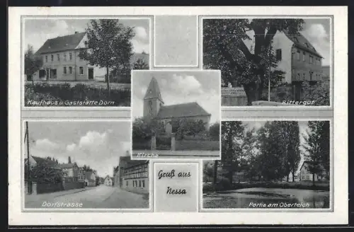 AK Nessa, Kaufhaus und Gasthaus Dorn, Dorfstrasse, Rittergut, Kirche